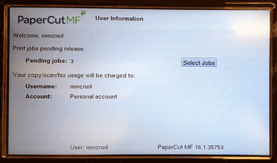 paperCut user information screen